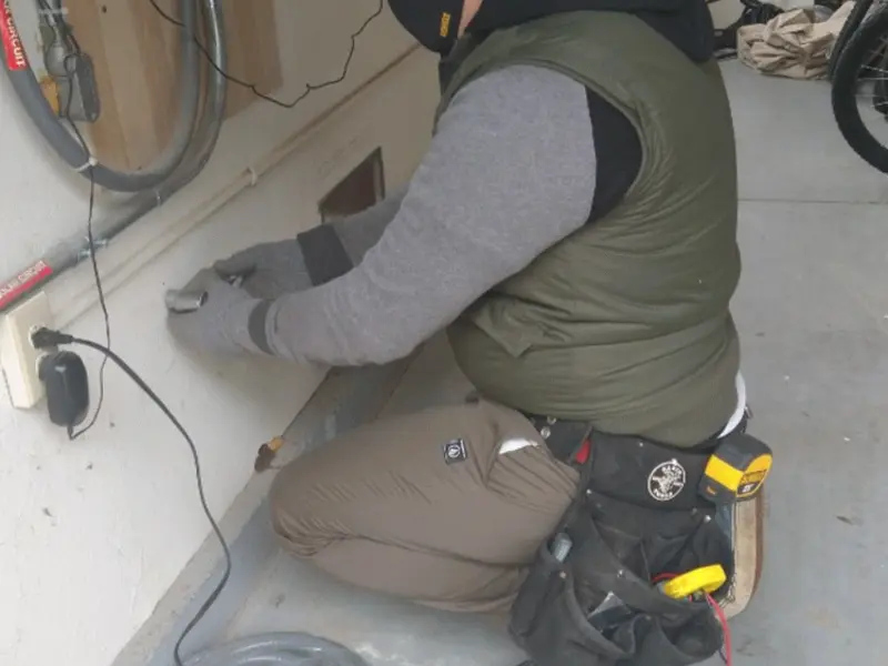 Electrician performing outlet wiring in a Rosamond garage